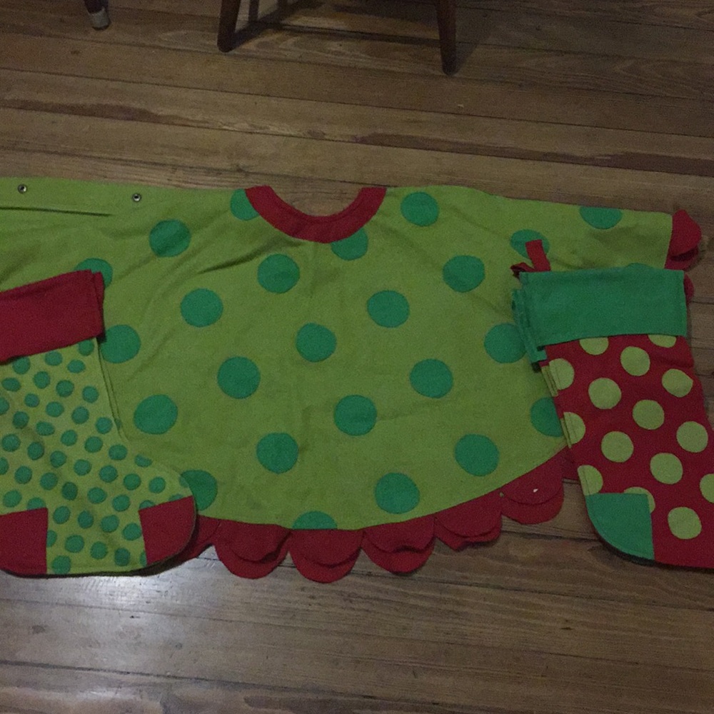 Land of Nod tree skirt and 5 stockings